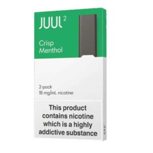 Crisp Menthol JUUL 2 Pods, 2-pack with 18mg nicotine and a nicotine warning label