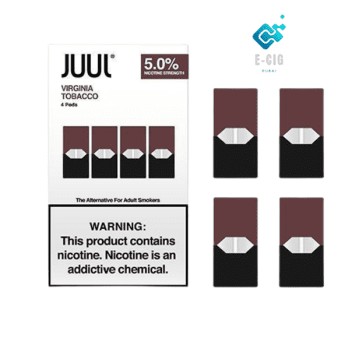 A pack of JUUL Virginia Tobacco pods with 5.0% nicotine strength, featuring four pods arranged next to their packaging, which includes a health warning about nicotine addiction.