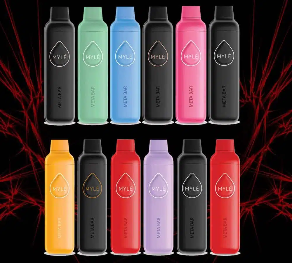 Twelve MYLE Meta Bar 2500 disposables on a black and red background