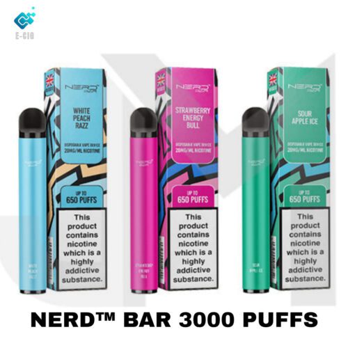 NERD Bar 3000 Puffs Disposable Vape featuring White Peach Nazz, Strawberry Energy Bull, and Sour Apple Ice flavors with sleek designs and vibrant packaging