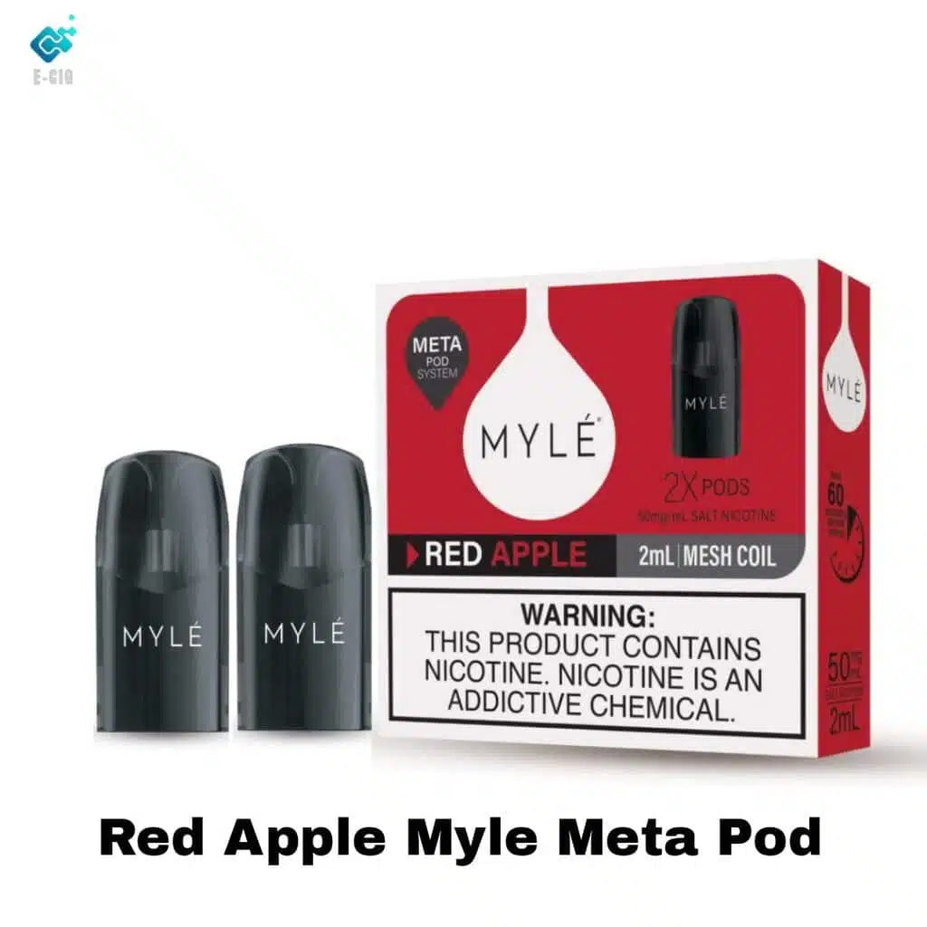 MYLÉ Meta Red Apple pods 2-pack box with two black pods, 50mg nicotine
