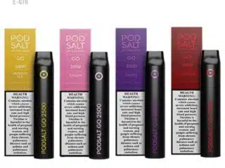 Pod Salt GO 2500 disposable vapes lineup: Mango Ice, Candy, Grape, Strawberry