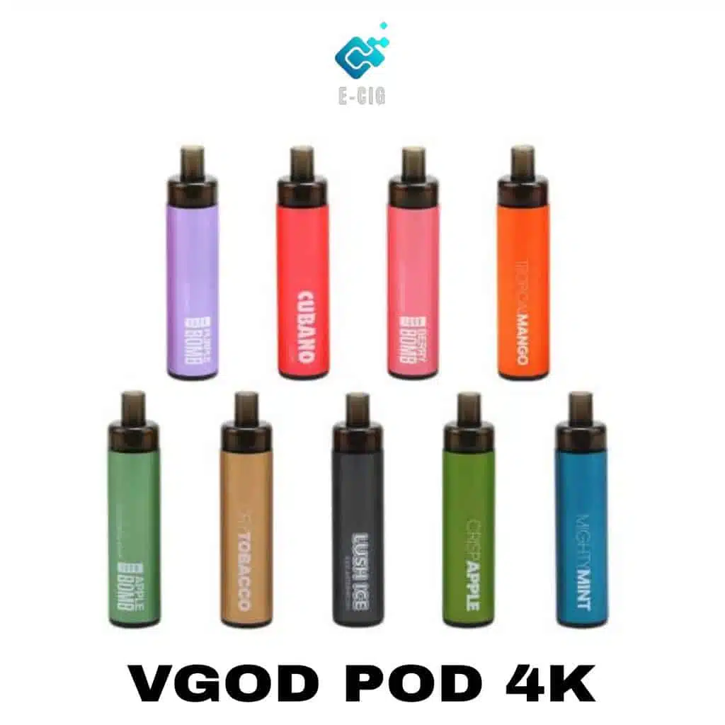 VGOD POD 4K disposable vape lineup of 9 flavors on white background