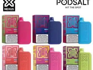 Pod Salt Nexus disposable vape lineup with boxes, assorted flavors, 11% off