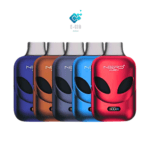 A collection of five Nerd Alien 12000 vaping devices, each with a sleek design featuring an alien face logo, displayed in a range of colors from left to right: black, purple, blue, light blue, and red.