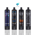 A collection of four VNSN Quake Pro 14000 disposable vapes, each featuring distinct colorful designs. The vapes are displayed vertically with a logo "E-CIG" above them. Each vape has a different graphic, including a dragon-like creature, a futuristic warrior, a flame design, and intricate patterns.