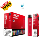 Ghost Pro 3500 Puffs Disposable Vape – Special Offer. Red packaging with bold white text, showcasing a sleek vape device and a box featuring multiple flavor options. Includes a nicotine warning label.