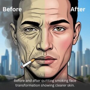 Before and after quitting smoking face transformation showing clearer skin.