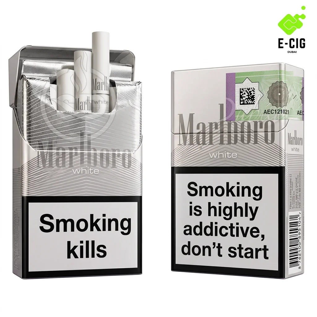 Marlboro White cigarettes pack open and closed view – E-Cig Dubai