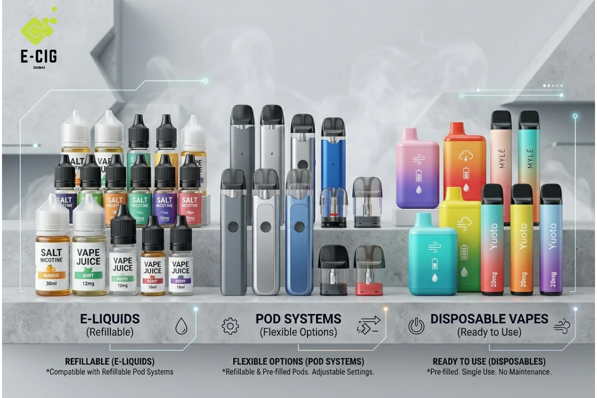 Collection overview image showing bottled e liquid, pod devices, and disposable vapes Collection overview image showing bottled e liquid, pod devices, and disposable vapes
