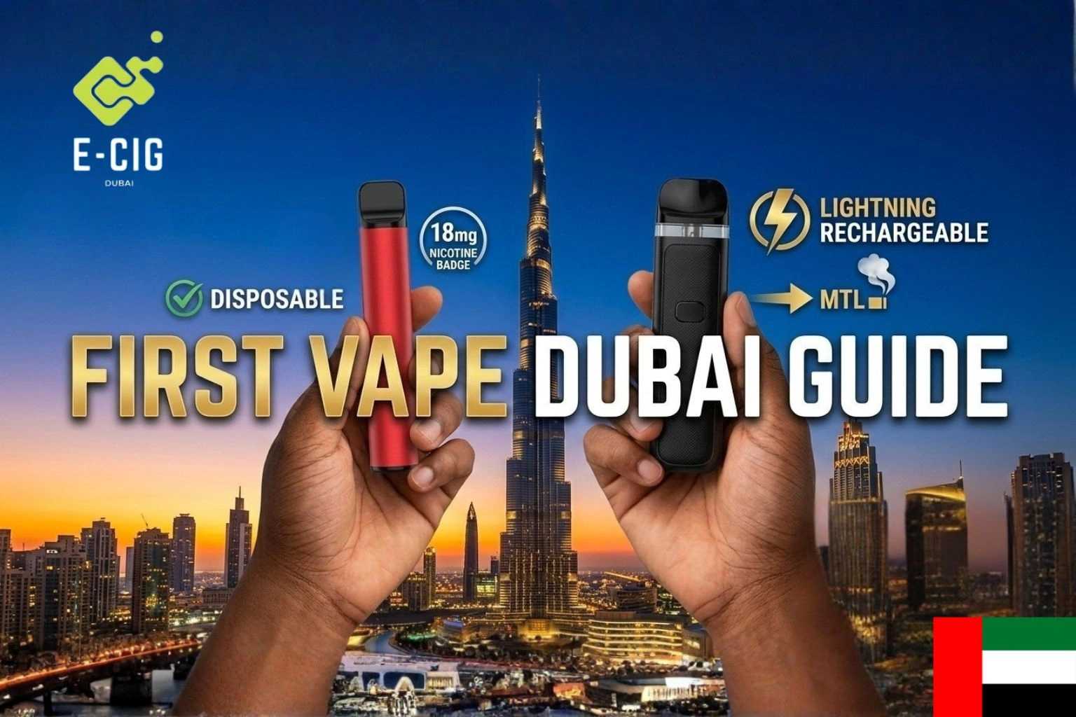 Ecig Dubai first vape guide disposable vs rechargeable pod, MTL 18mg nicotine, Dubai skyline beginners