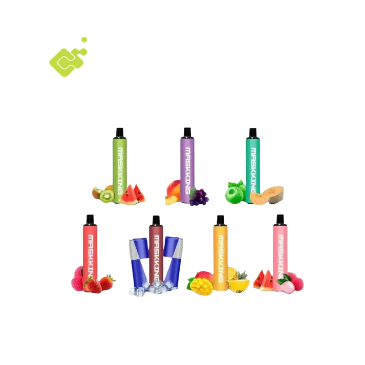 Row of colourful e-liquid bottles in fruit, menthol and dessert flavours on a shelf
