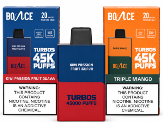 Bounce Turbos 45000 20mg disposable vape and packaging on white background