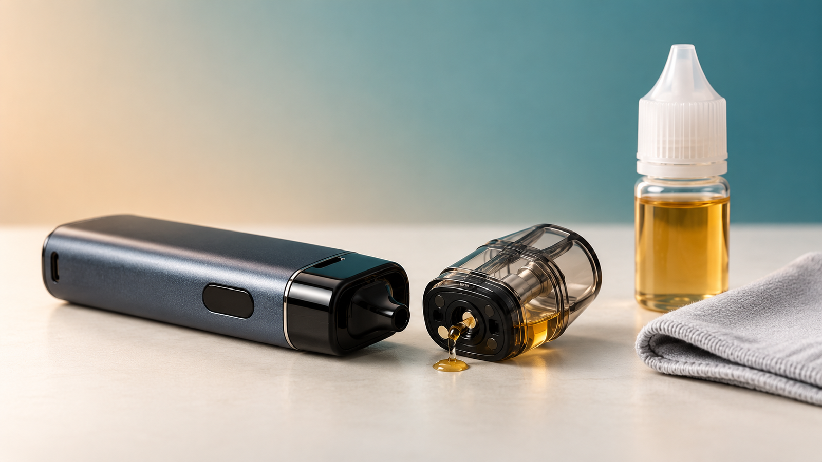 Refillable vape pod leaking beside device, e-liquid bottle and cleaning cloth