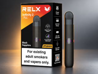 RELX Infinity 2 Plus black pod device on pale blue studio background