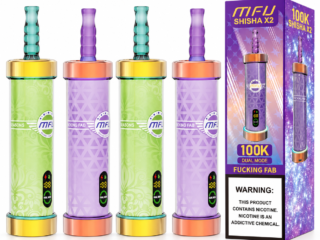 MFU X2 Shisha 100K hookah disposable devices and box on a white background