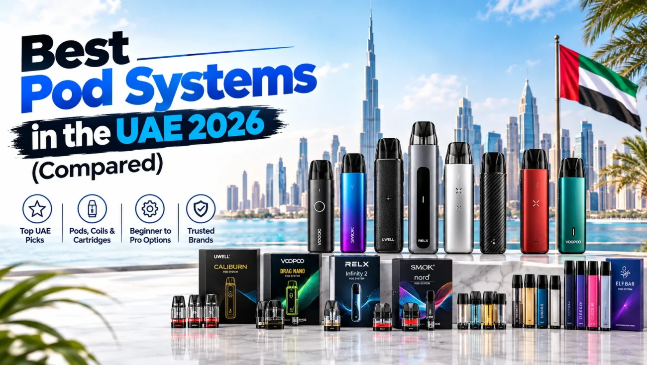 Best pod systems in the UAE 2026 compared, pod kits from Uwell, SMOK, Voopoo and RELX with the Dubai skyline – E Cig Dubai