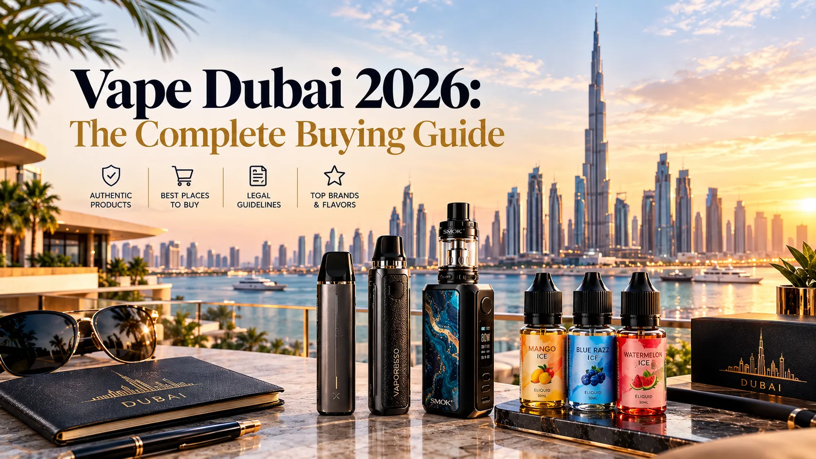 Vape Dubai 2026 complete buying guide showing pod systems, a vape mod and e-liquid bottles with the Dubai skyline